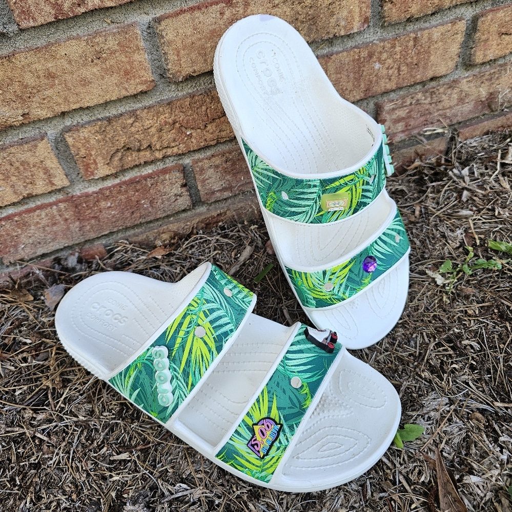 CROCS White and Green Tropical Sandals
